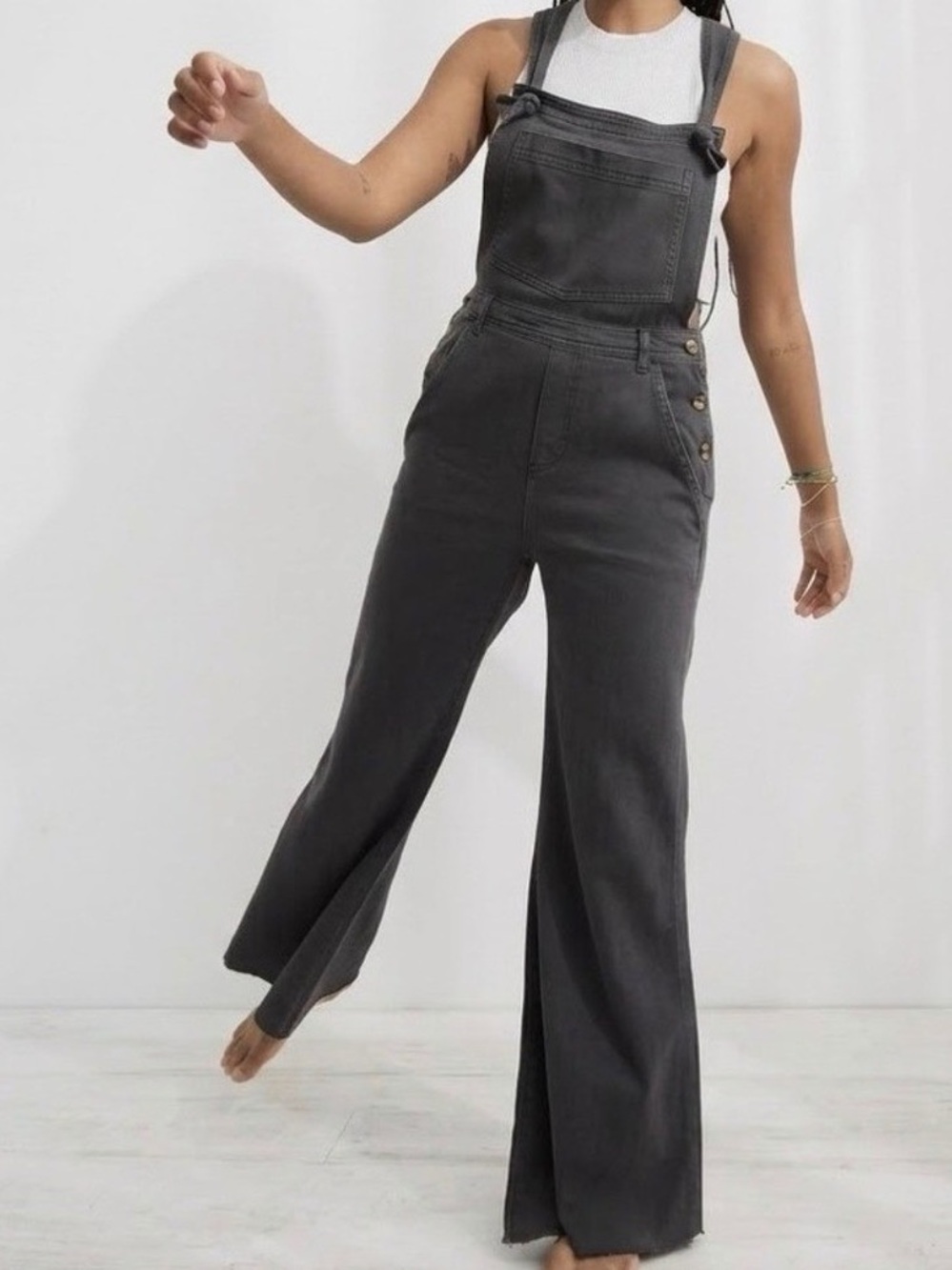 aerie Charcoal Wide-Leg Denim Overalls